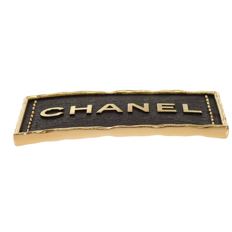Chanel CHANEL Logo Plate ABA771 Brooch Metal Leather Gold Black Women's【Used】【A Rank】