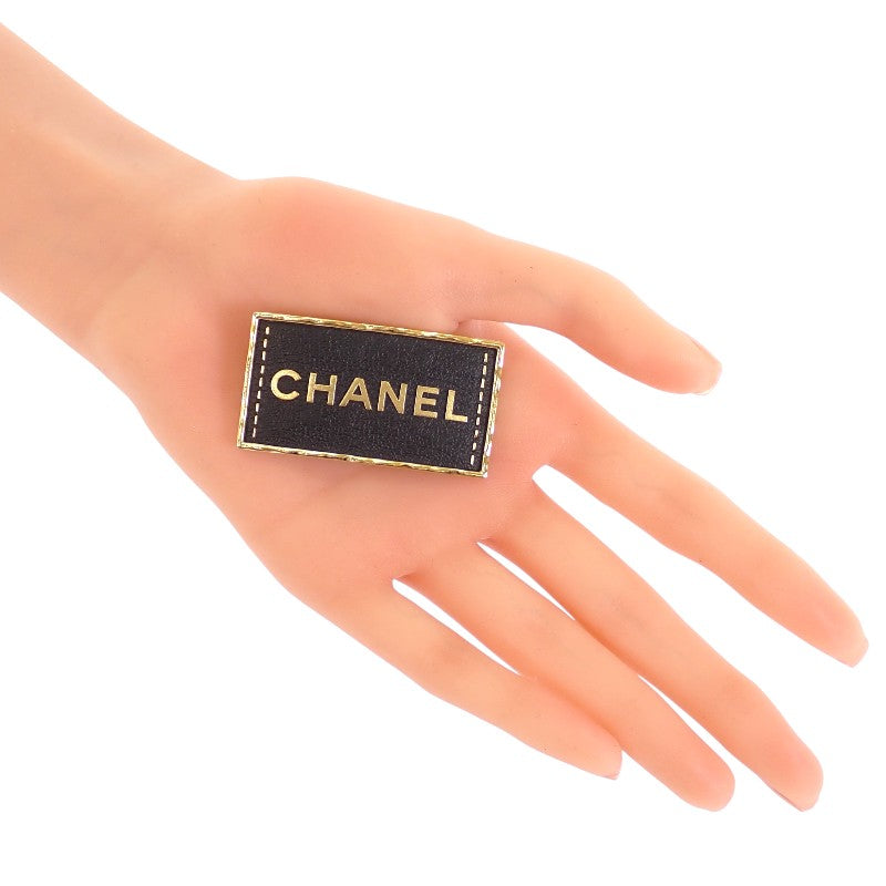 Chanel CHANEL Logo Plate ABA771 Brooch Metal Leather Gold Black Women's【Used】【A Rank】