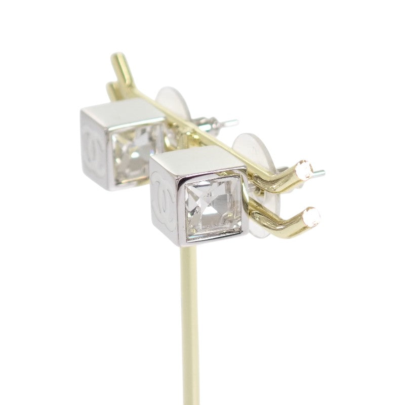 CHANEL CC Cube Square B25C Engraved Earrings Metal Crystal Silver Women's [Used] [AB Rank]