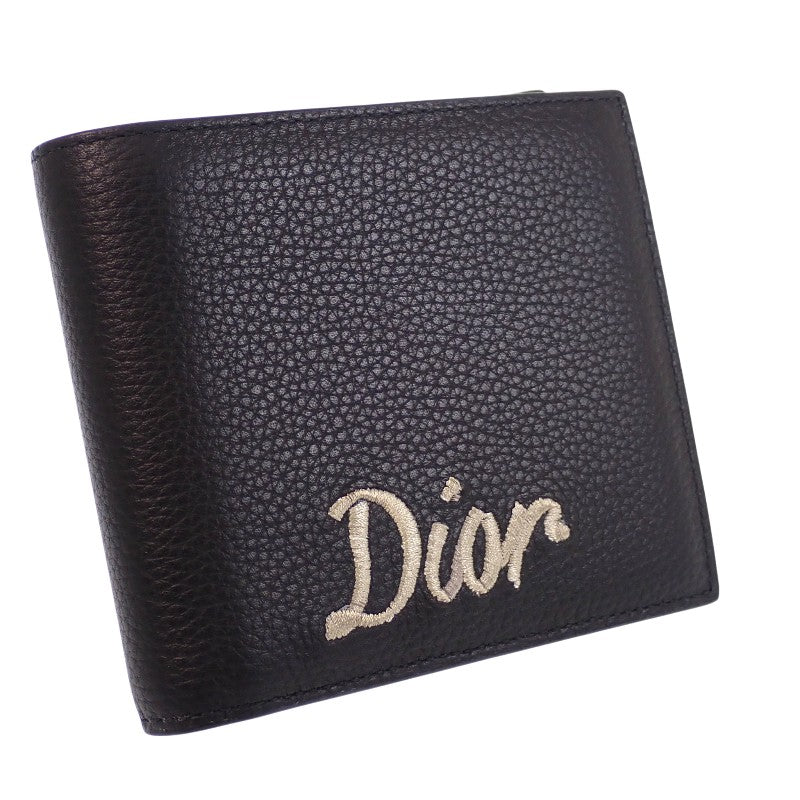 クリスチャンディオール Christian Dior コンパクトウォレット ロゴ刺繍 二つ折り財布 レザー ブラック メンズ【中古】【ABランク】