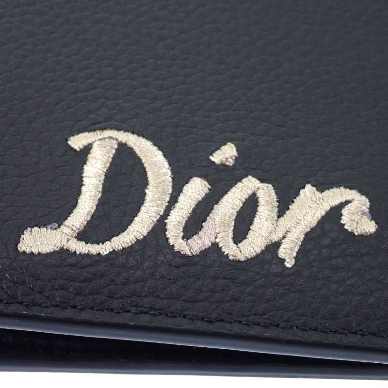 Christian Dior Compact Wallet Logo Embroidery Bifold Wallet Leather Black Men's【Used】【AB Rank】
