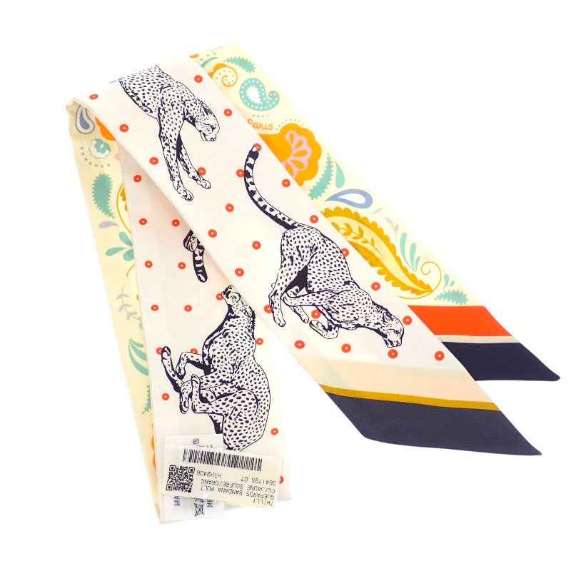 エルメス HERMES ツイリー GUEPARDS BANDANA H064179S_07 スカーフ シルク ジョーヌ・スフル×オレンジ×グリーン ホワイト レディース【中古】【Aランク】