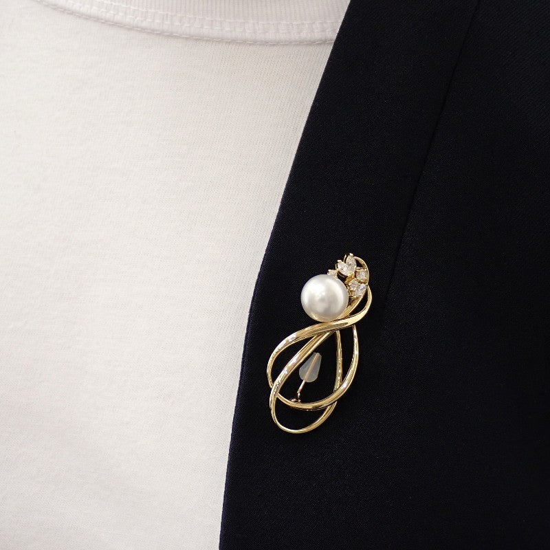 ミキモト MIKIMOTO パール ブローチ K18イエローゴールド 白蝶真珠 ダイヤモンド レディース【中古】【Aランク】