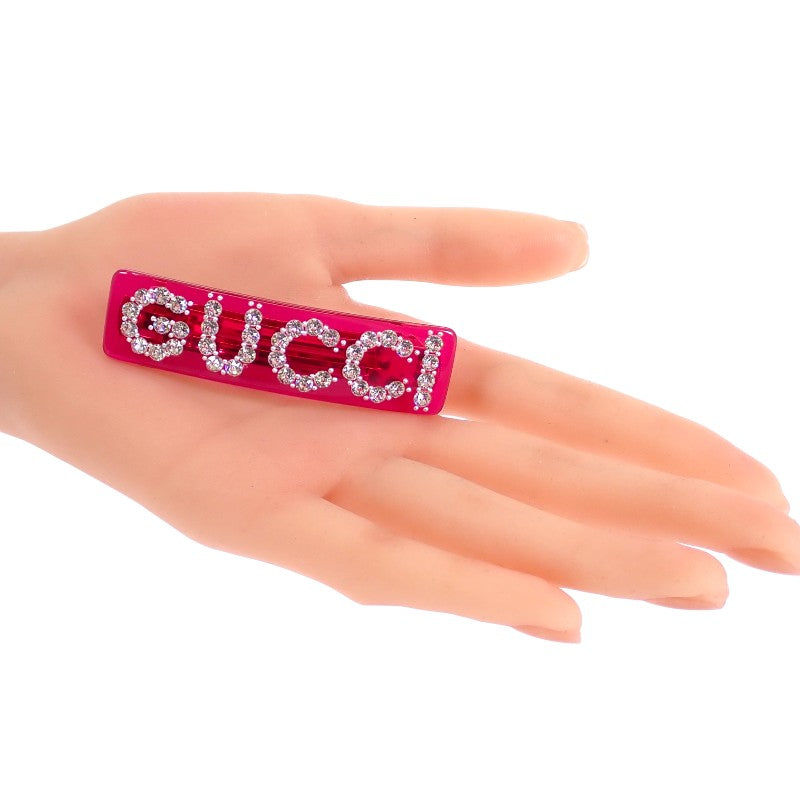 グッチ GUCCI ロゴ ヘアアクセサリー 513120I4771 バレッタ GP クリスタル ピンク レディース【中古】【ABランク】