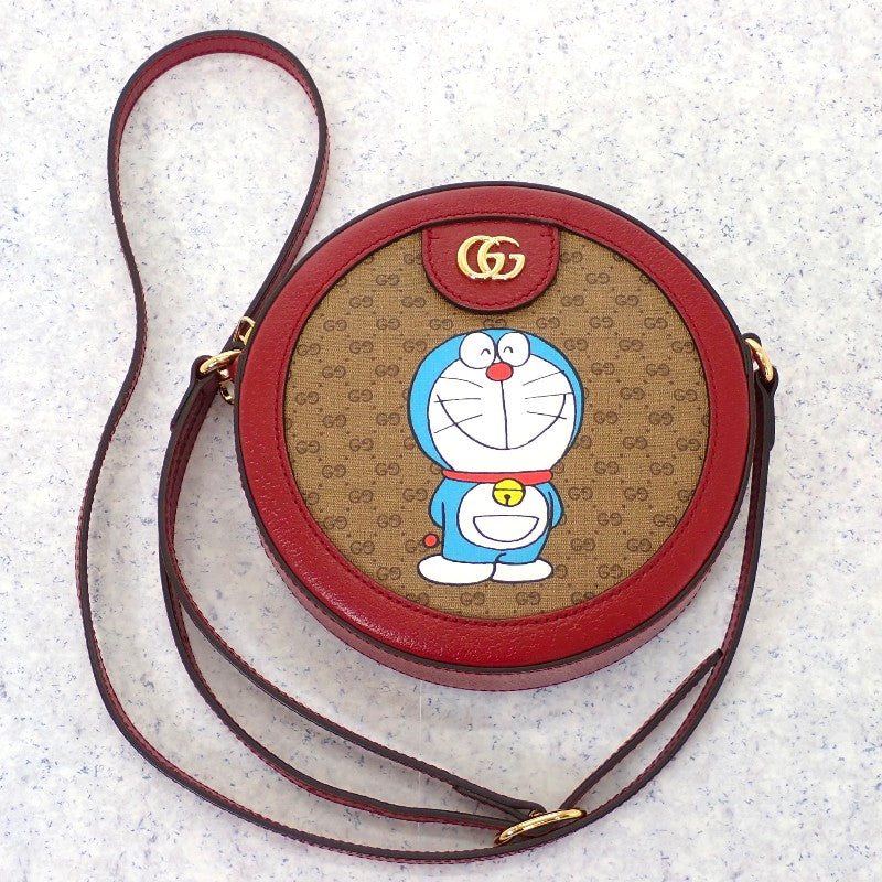 グッチ GUCCI ミニGGスプリーム ドラえもん 625216 ショルダーバッグ レザー PU ボルドー ブラウン ゴールド金具 レディース【中古】【Aランク】