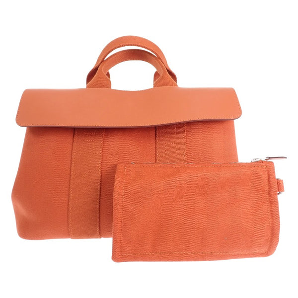エルメス HERMES ヴァルパライソPM ハンドバッグ ヴォースイフト キャンバス トワルシェブロン オレンジ シルバー金具 レディース【中古】【ABランク】