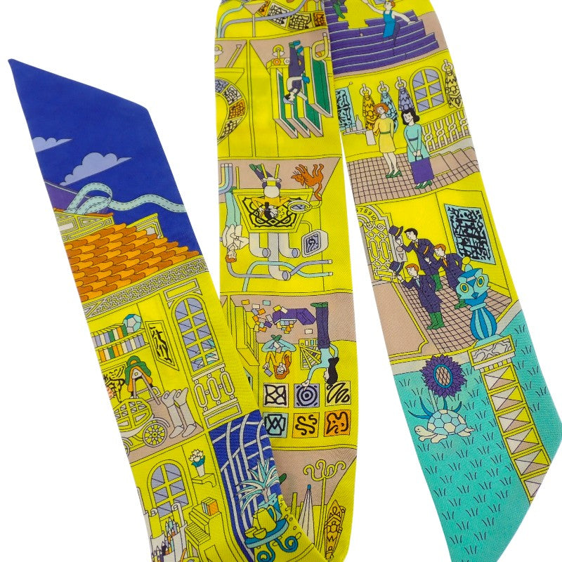 エルメス HERMES ツイリー La Maison Des Carres メゾン・デ・カレ スカーフ シルク イエロー ブルー レディース【中古】【Aランク】