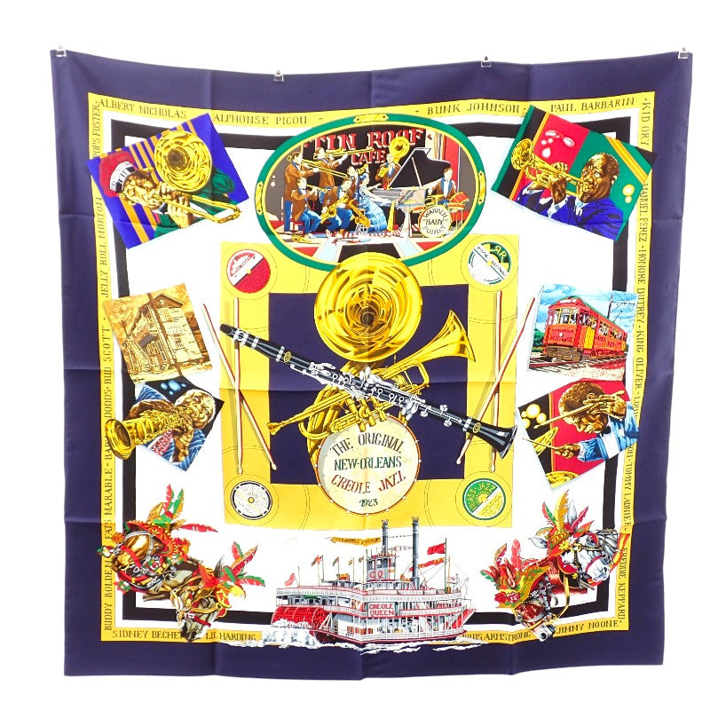 エルメス HERMES カレ90 THE ORIGINAL NEW ORLEANS CREOLE JAZZ 1923 ヴィンテージ スカーフ シルク ネイビー イエロー レディース【中古】【ABランク】