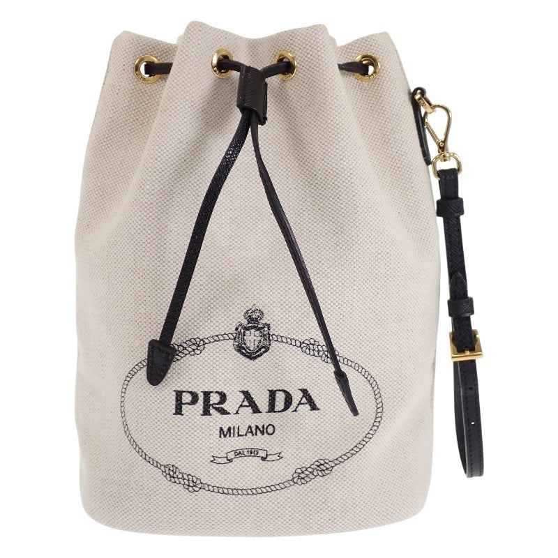 プラダ PRADA MISTOLINO キャンバス 巾着型 1NE369 ポーチ レザー リネン アイボリー ゴールド金具 レディース【中古】【Aランク】