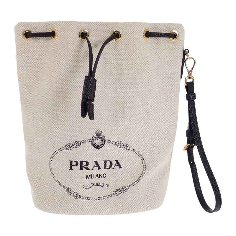 プラダ PRADA MISTOLINO キャンバス 巾着型 1NE369 ポーチ レザー リネン アイボリー ゴールド金具 レディース【中古】【Aランク】