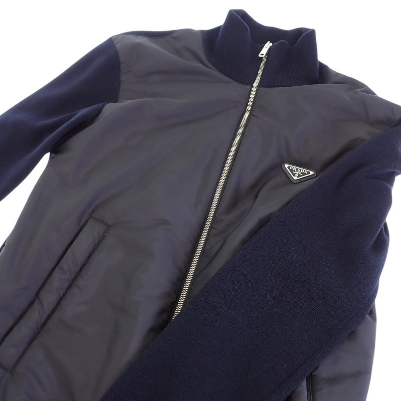 プラダ PRADA ジップアップ切替 48 UMG116 ナイロンジャケット ウール Re-Nylon ネイビー シルバー金具 メンズ【中古】【ABランク】