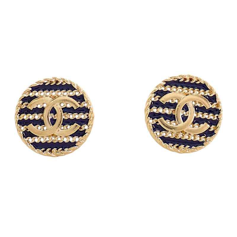 シャネル CHANEL ボーダー チェーン ココマーク ピアス メタル エナメル ネイビー レディース【中古】【Aランク】