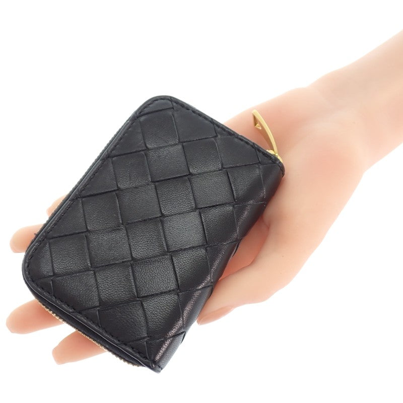 ボッテガヴェネタ BOTTEGA VENETA タイニー ジップアラウンド カードケース コインケース ラムスキン ブラック ゴールド金具 レディース メンズ【中古】【ABランク】