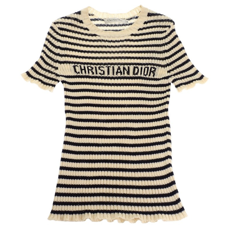ディオール Dior ディオリビエラ ショートスリーブ 38 444S15AM779 ニット コットン アイボリー ネイビーブルー レディース【中古】【Aランク】