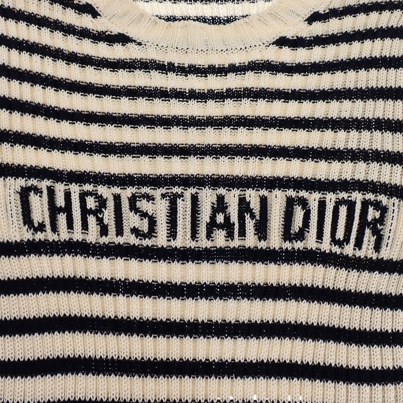ディオール Dior ディオリビエラ ショートスリーブ 38 444S15AM779 ニット コットン アイボリー ネイビーブルー レディース【中古】【Aランク】