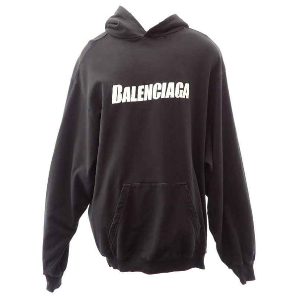 バレンシアガ BALENCIAGA オーバーサイズ フーディ プルオーバー DESTROYED LOGO PRINT HOODIE XXS 729361 TNVL2 1070 パーカー コットン ブラック メンズ レディース【中古】【ABランク】