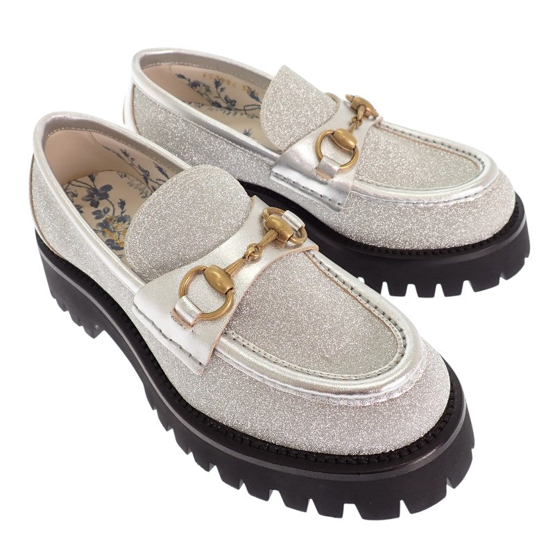 グッチ GUCCI ホースビットBEE 653884 HW940 8106 ローファー カーフ メタリックシルバー ゴールド ブラック ゴールド金具 36 1/2 日本サイズ23.5cm レディース【中古】【Aランク】
