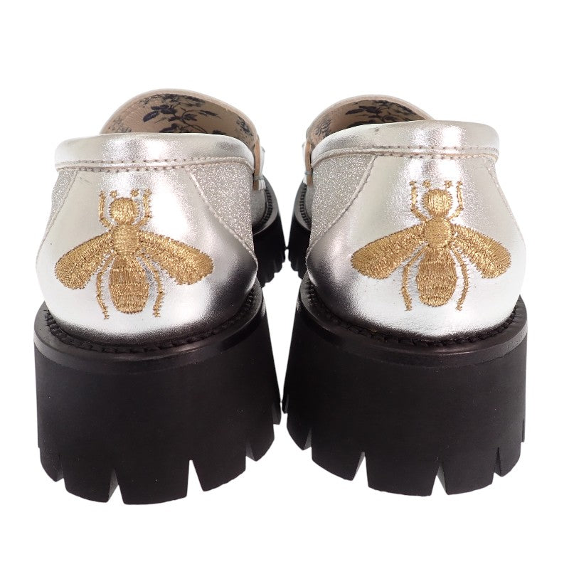 グッチ GUCCI ホースビットBEE 653884 HW940 8106 ローファー カーフ メタリックシルバー ゴールド ブラック ゴールド金具 36 1/2 日本サイズ23.5cm レディース【中古】【Aランク】
