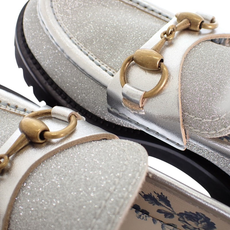 グッチ GUCCI ホースビットBEE 653884 HW940 8106 ローファー カーフ メタリックシルバー ゴールド ブラック ゴールド金具 36 1/2 日本サイズ23.5cm レディース【中古】【Aランク】