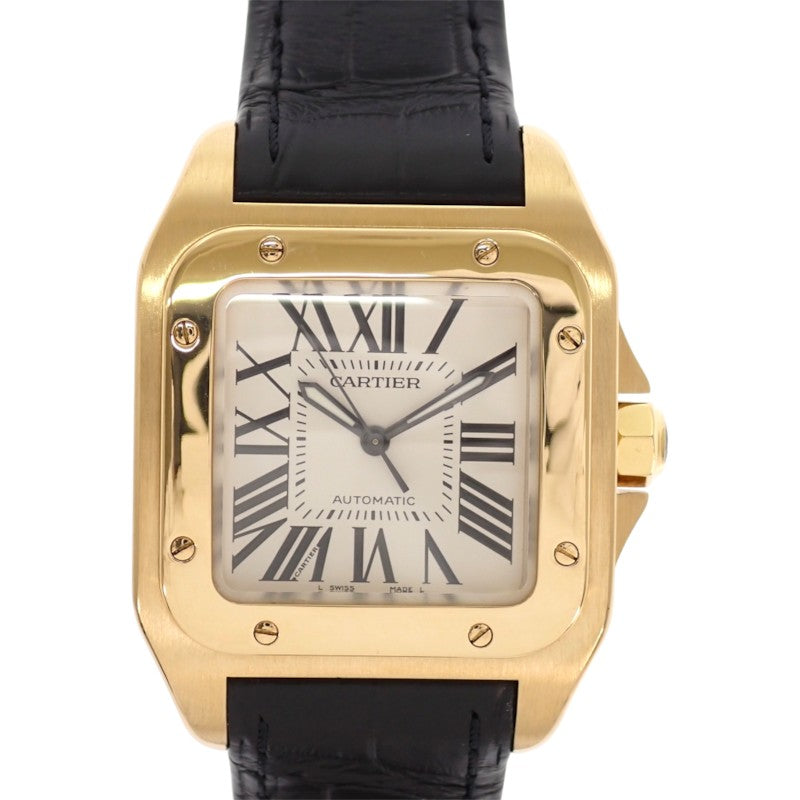 カルティエ CARTIER サントス100 MM W20112Y1 腕時計 K18イエローゴールド レザー 金色 ブラック 自動巻き ホワイト文字盤 ゴールド金具 ボーイズ メンズ レディース ユニセックス【中古】【Aランク】