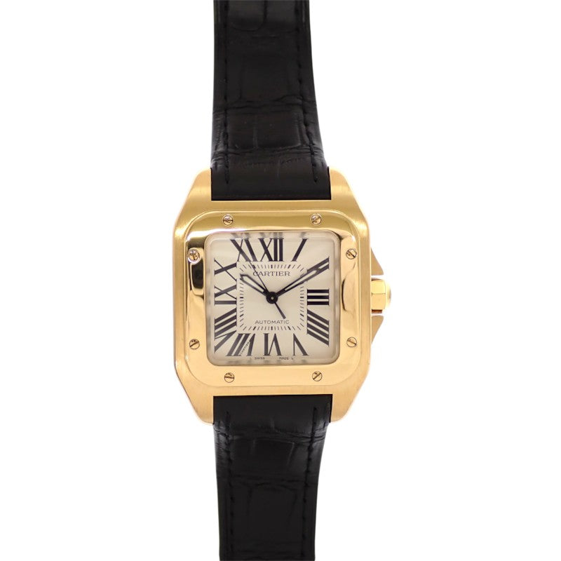 カルティエ CARTIER サントス100 MM W20112Y1 腕時計 K18イエローゴールド レザー 金色 ブラック 自動巻き ホワイト文字盤 ゴールド金具 ボーイズ メンズ レディース ユニセックス【中古】【Aランク】