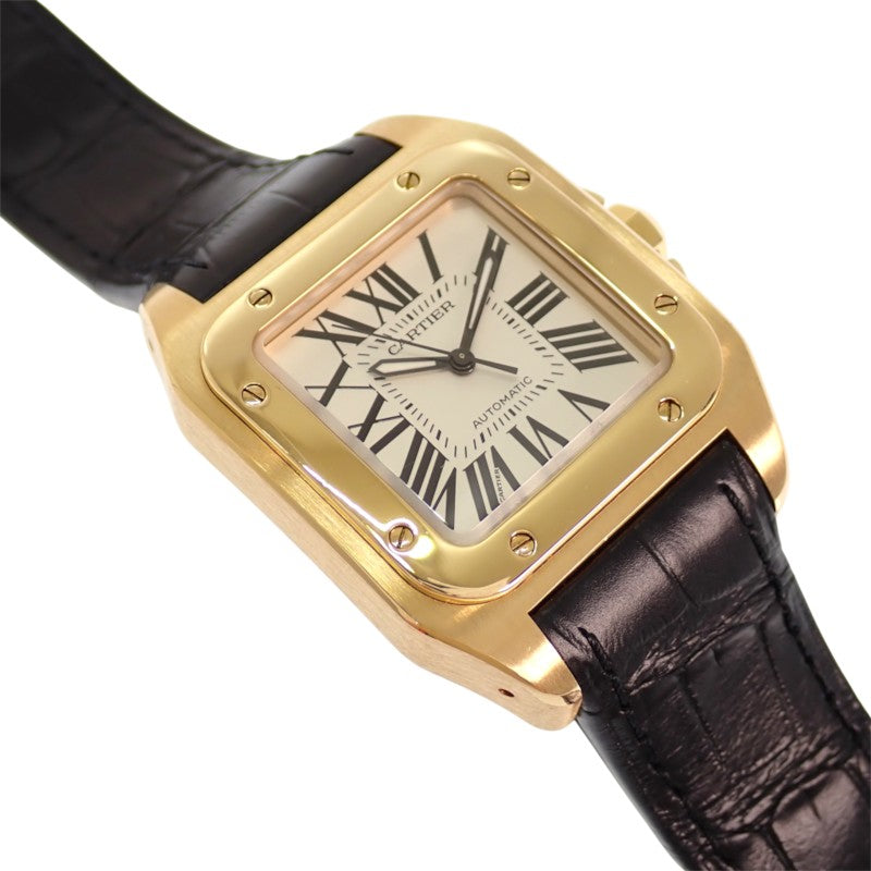カルティエ CARTIER サントス100 MM W20112Y1 腕時計 K18イエローゴールド レザー 金色 ブラック 自動巻き ホワイト文字盤 ゴールド金具 ボーイズ メンズ レディース ユニセックス【中古】【Aランク】