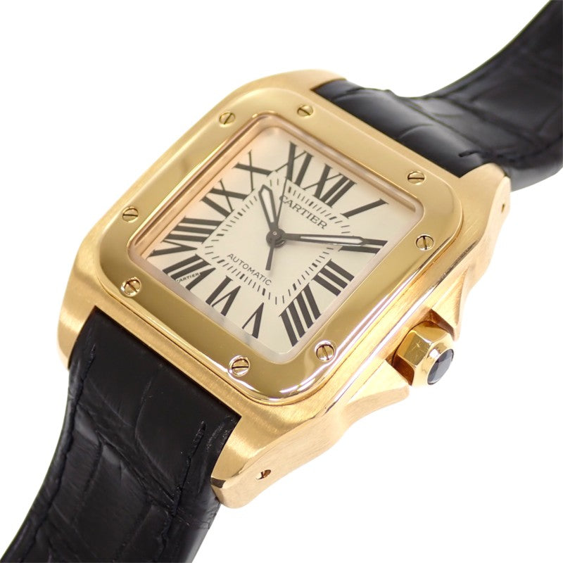 カルティエ CARTIER サントス100 MM W20112Y1 腕時計 K18イエローゴールド レザー 金色 ブラック 自動巻き ホワイト文字盤 ゴールド金具 ボーイズ メンズ レディース ユニセックス【中古】【Aランク】