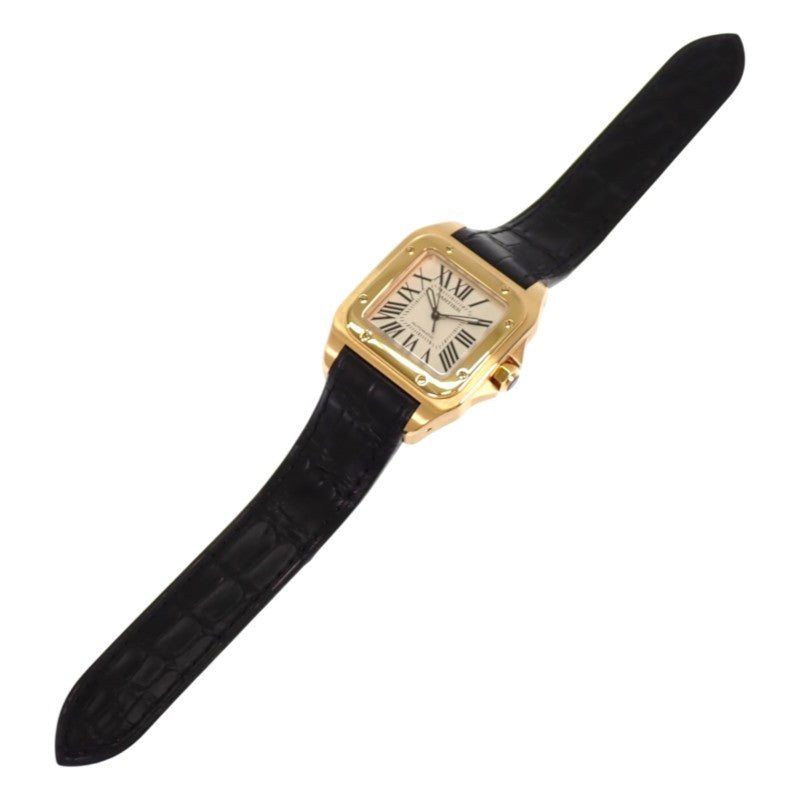 カルティエ CARTIER サントス100 MM W20112Y1 腕時計 K18イエローゴールド レザー 金色 ブラック 自動巻き ホワイト文字盤 ゴールド金具 ボーイズ メンズ レディース ユニセックス【中古】【Aランク】