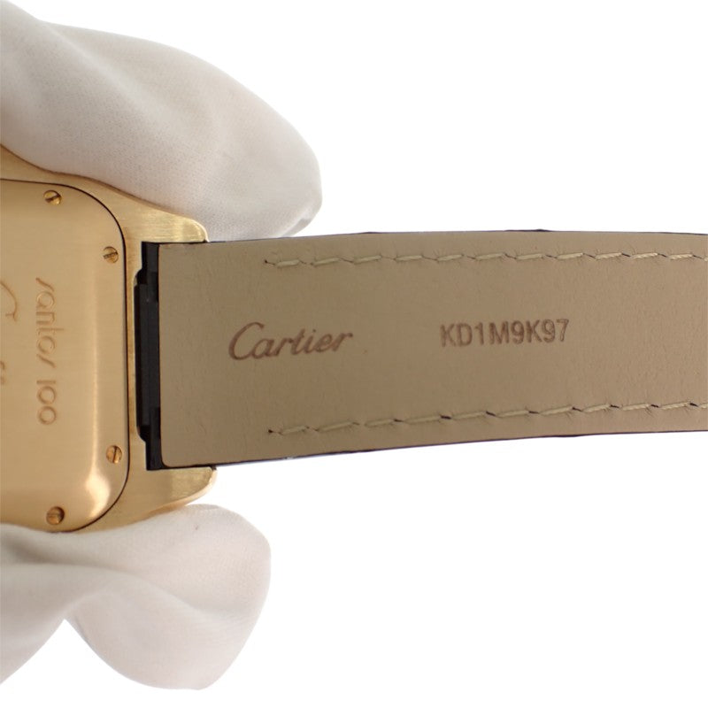 カルティエ CARTIER サントス100 MM W20112Y1 腕時計 K18イエローゴールド レザー 金色 ブラック 自動巻き ホワイト文字盤 ゴールド金具 ボーイズ メンズ レディース ユニセックス【中古】【Aランク】