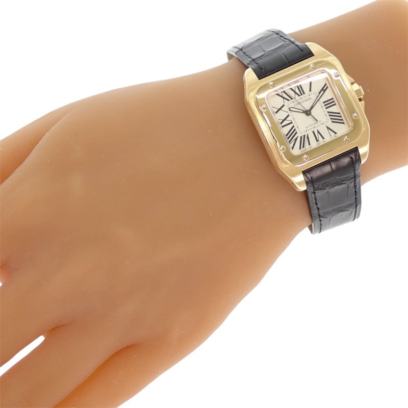 カルティエ CARTIER サントス100 MM W20112Y1 腕時計 K18イエローゴールド レザー 金色 ブラック 自動巻き ホワイト文字盤 ゴールド金具 ボーイズ メンズ レディース ユニセックス【中古】【Aランク】