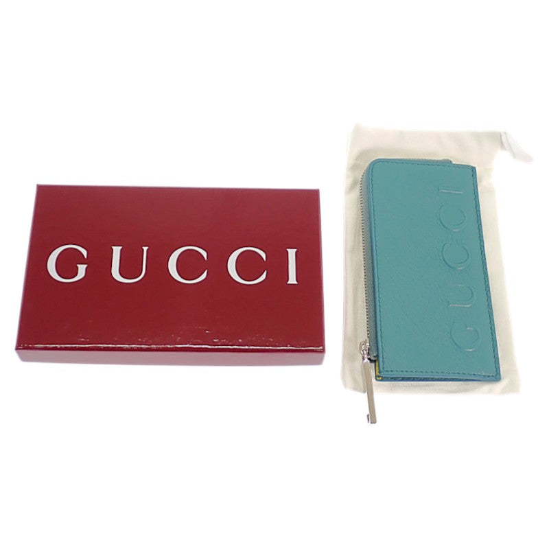 グッチ GUCCI ロゴ ジップ 835073 カードケース レザー ブルー イエロー シルバー金具 メンズ レディース【中古】【Aランク】