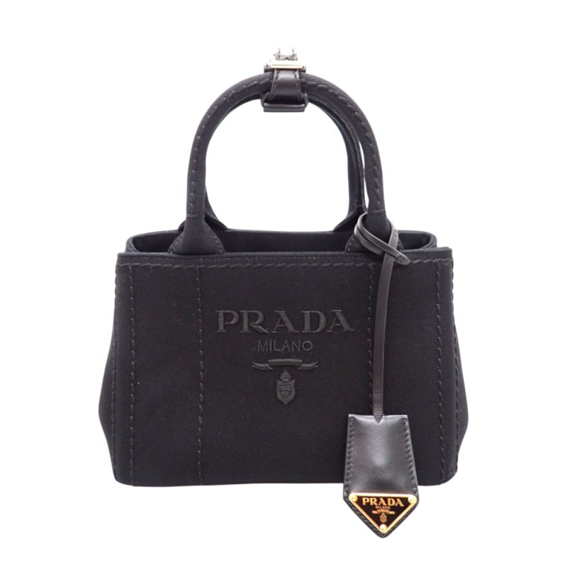 プラダ PRADA ジャルディニエールスモール コットンキャンバス ミニバッグ 1BA038 2WAYバッグ ハンドバッグ ショルダーバッグ キャンバス レザー ブラック 黒 ゴールド金具 レディース【中古】【Aランク】