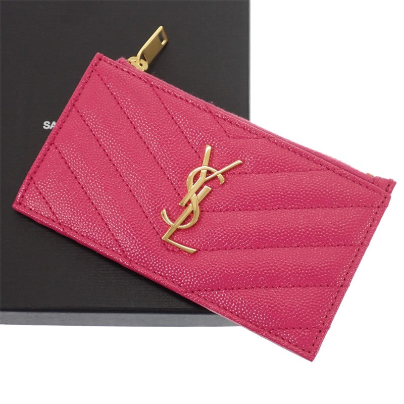 サンローラン SAINT LAURENT モノグラム フラグメント ジップカードケース 607915 カードケース カーフ ピンク ゴールド金具 レディース【中古】【ABランク】
