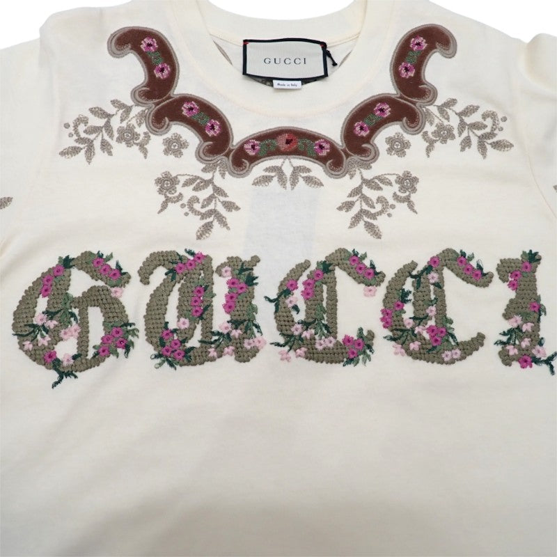 グッチ GUCCI フラワー刺繍 Ｔシャツ S 半袖Ｔシャツ コットン アイボリー レディース【中古】【Aランク】