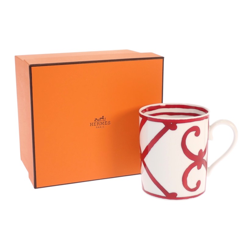 エルメス HERMES ガダルキヴィール マグカップNo2 P011032P 食器 ポーセリン レッド ホワイト【中古】【Sランク】