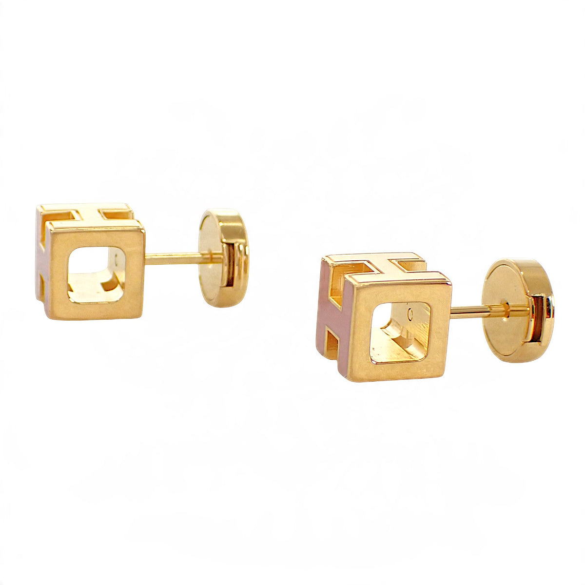 エルメス HERMES カージュドアッシュ Hキューブ ピアス メタル ピンク ゴールド金具 レディース【中古】【ABランク】