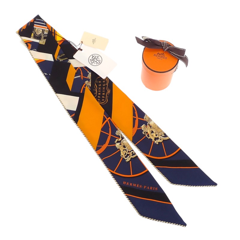 エルメス HERMES ツイリー Springs Springs baguette H853932S_22 スカーフ シルク オレンジ ネイビー ノワール レディース【中古】【Aランク】