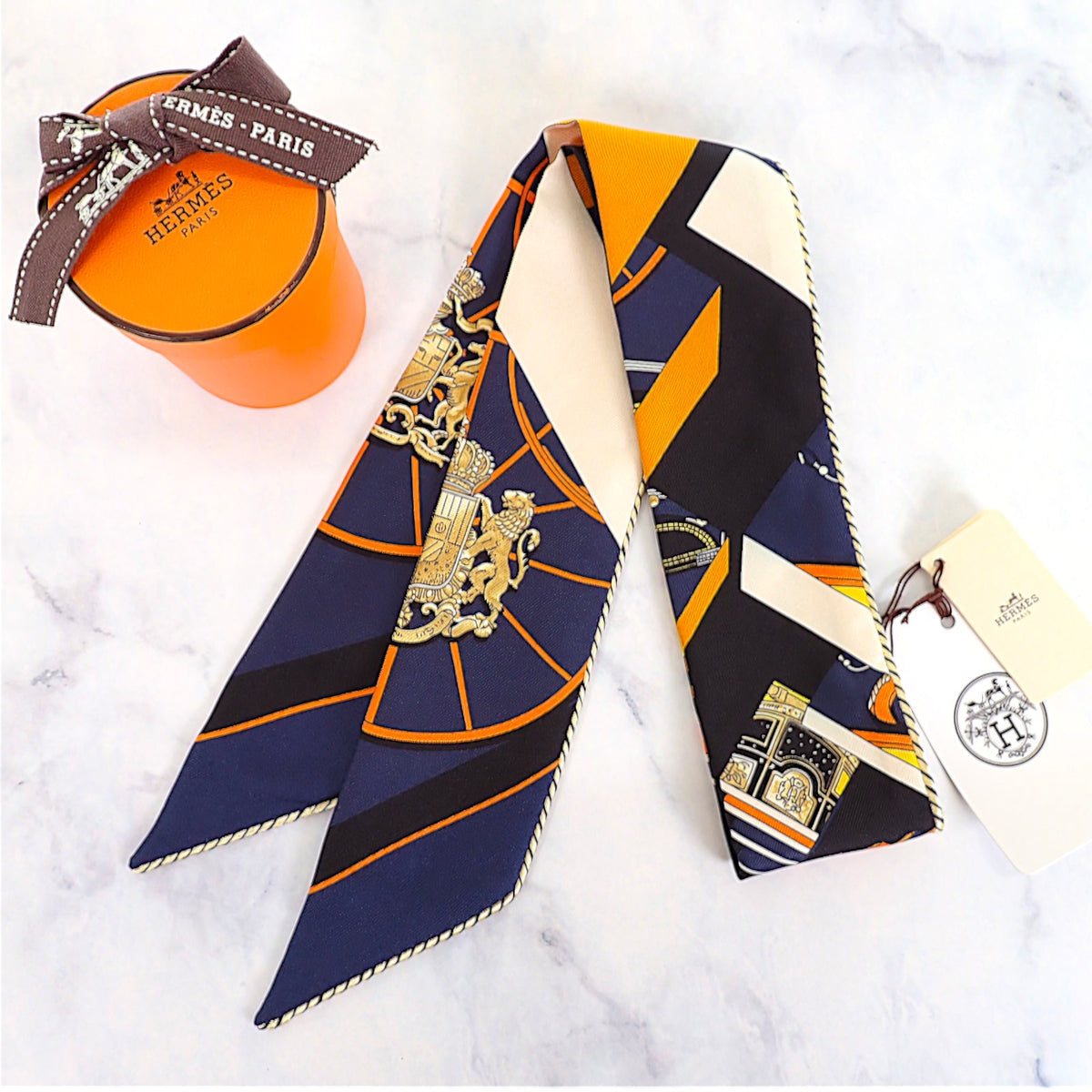 エルメス HERMES ツイリー Springs Springs baguette H853932S_22 スカーフ シルク オレンジ ネイビー ノワール レディース【中古】【Aランク】
