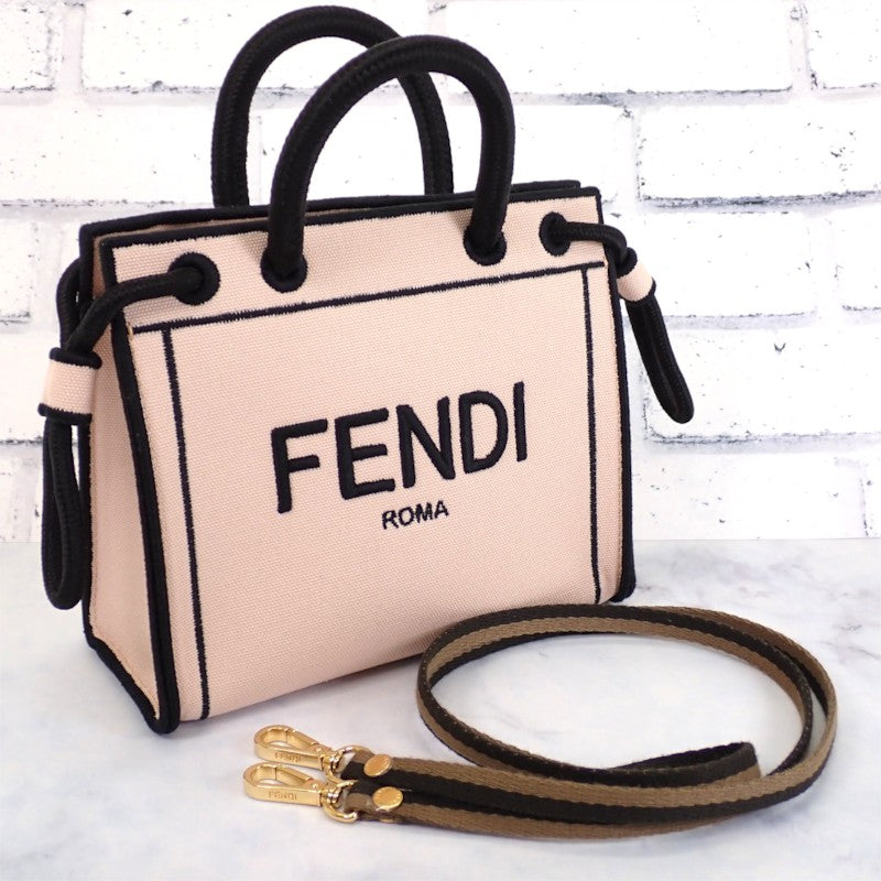 フェンディ FENDI ローマショッパートート ショルダー ミニ 8BH380 2WAYバッグ キャンバス ピンク ゴールド金具 レディース【中古】【Aランク】