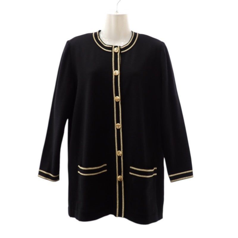 イヴ・サンローラン YVES SAINT LAURENT ノーカラー ロング ニットカーディガン ヴィンテージ M WU86-599 カーディガン ウール ブラック ゴールド金具 レディース【中古】【ABランク】
