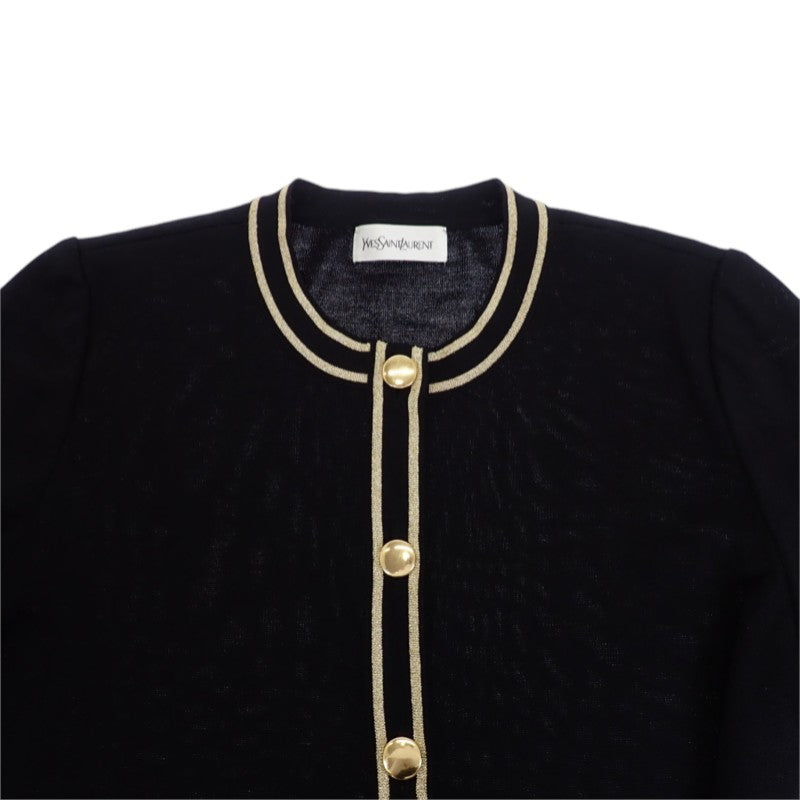 イヴ・サンローラン YVES SAINT LAURENT ノーカラー ロング ニットカーディガン ヴィンテージ M WU86-599 カーディガン ウール ブラック ゴールド金具 レディース【中古】【ABランク】