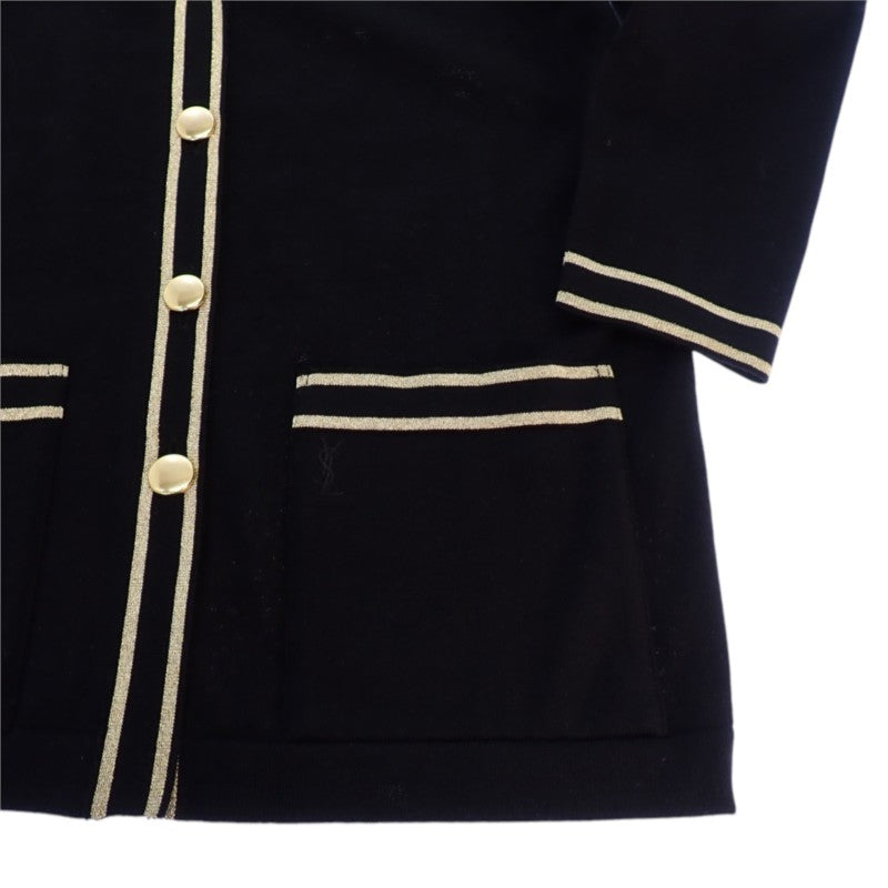 イヴ・サンローラン YVES SAINT LAURENT ノーカラー ロング ニットカーディガン ヴィンテージ M WU86-599 カーディガン ウール ブラック ゴールド金具 レディース【中古】【ABランク】