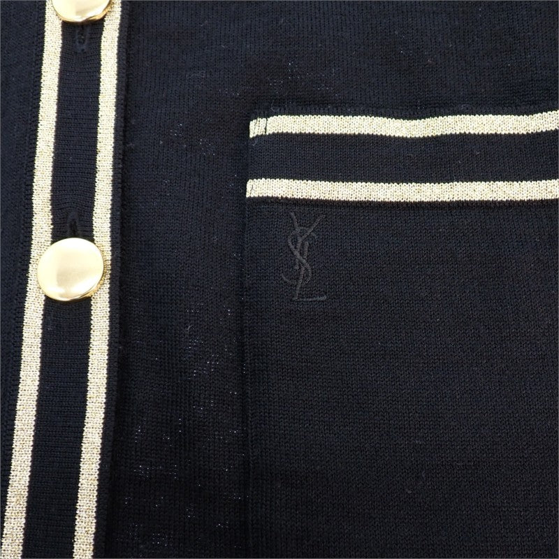 イヴ・サンローラン YVES SAINT LAURENT ノーカラー ロング ニットカーディガン ヴィンテージ M WU86-599 カーディガン ウール ブラック ゴールド金具 レディース【中古】【ABランク】