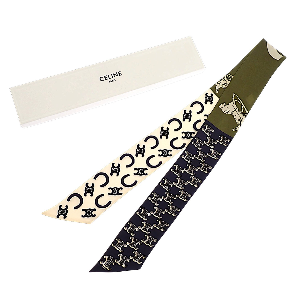 セリーヌ CELINE ラヴァリエール AA0A62W99.GJU3 スカーフ シルク カーキ ネイビー レディース【中古】【Aランク】