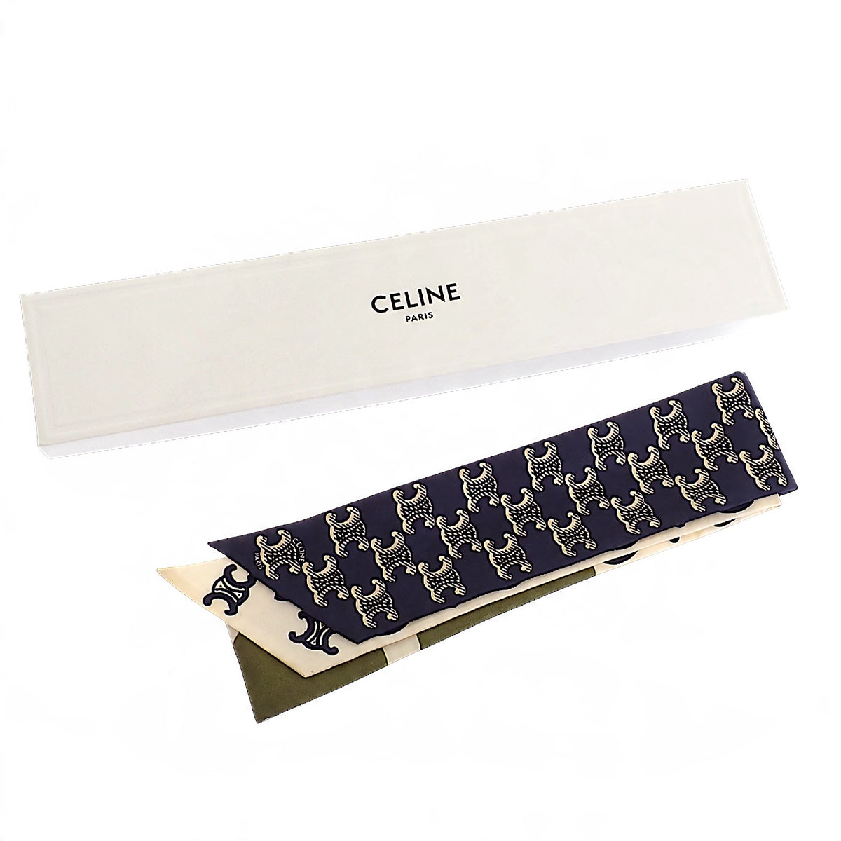 セリーヌ CELINE ラヴァリエール AA0A62W99.GJU3 スカーフ シルク カーキ ネイビー レディース【中古】【Aランク】