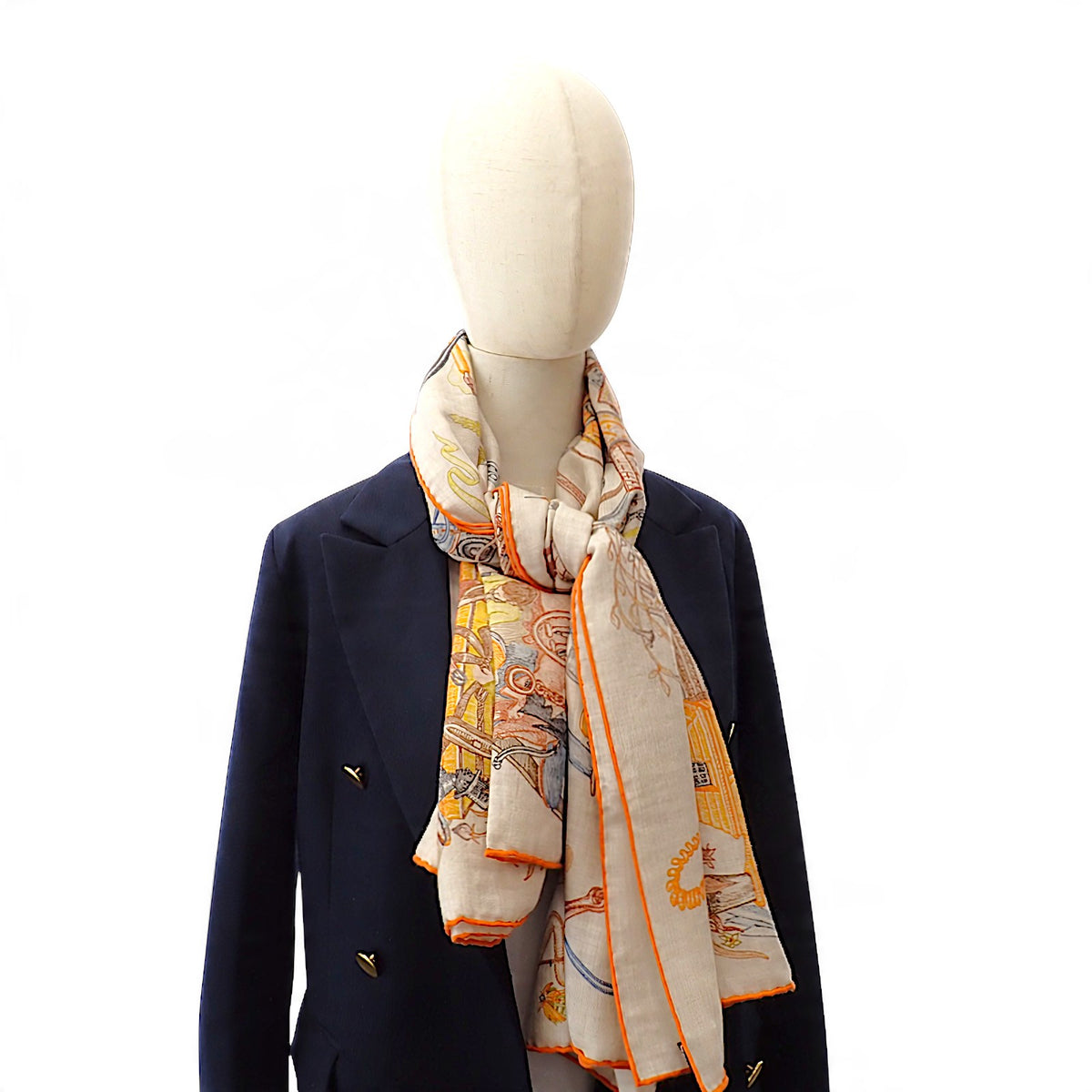 エルメス HERMES カレジェアン 大判ストール エルメスの世界 H244230S 11 スカーフ カシミヤ シルク ホワイト レディース【中古】【Aランク】