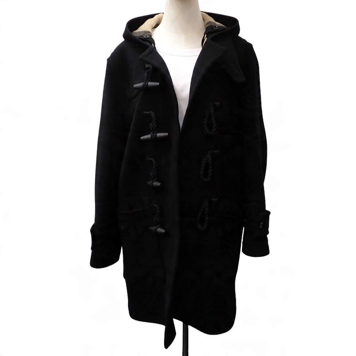 バーバリー BURBERRY エグザジェレイティッドチェック ロング丈 50 8034517 ダッフルコート ウール ブラック メンズ【中古】【Aランク】