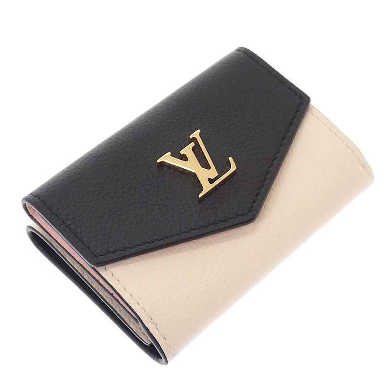 ルイヴィトン LOUIS VUITTON ポルトフォイユ ロックミニ M80984 三つ折り財布 グレインカーフレザー ノワール クレーム ピンク ゴールド金具 レディース【中古】【ABランク】